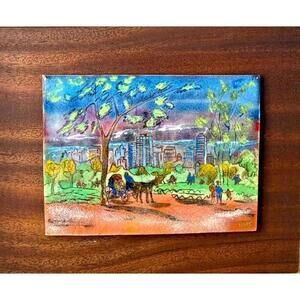 Vintage Enamel on Copper Plaque – Winter Cityscape with Horse Carriage – Signed